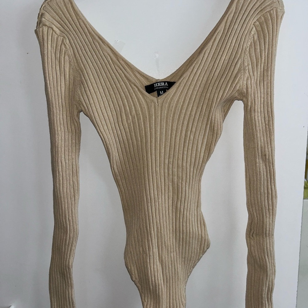 Hera Collection Tan Ribbed Long Sleeve Bodysuit